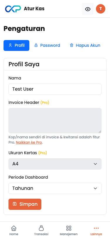 Halaman pengaturan profil